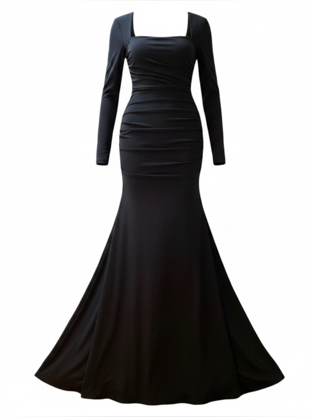 Nicole Miller gown, size 2, black.  Square neckline, long sleeves, ruching.